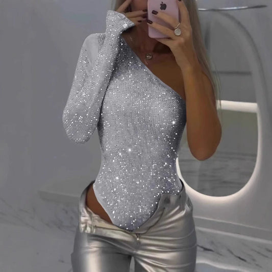 Monika – Asymmetric Sparkle One-Shoulder Bodysuit for Women