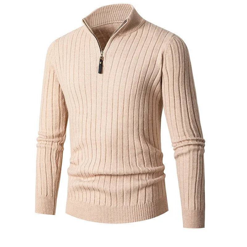 Victor – Męski sweter czarny prążkowany z półgolfem i zamkiem