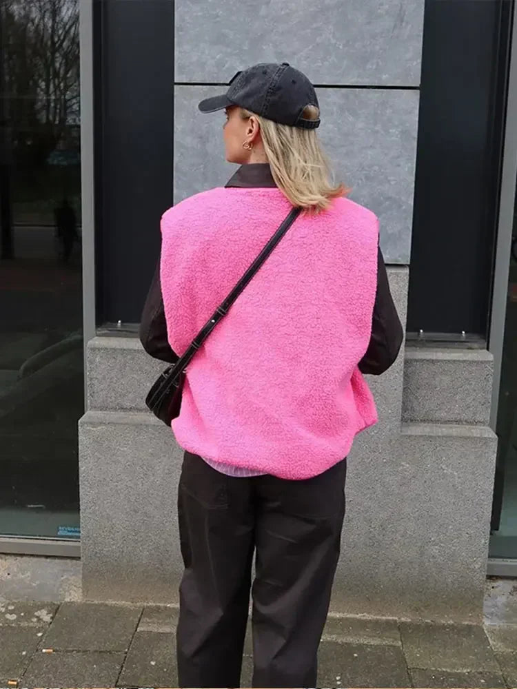Elena - Damska kamizelka oversize z futerka baranka