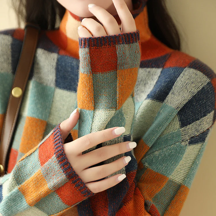 Maya - Damski sweter oversize w kolorową kratę