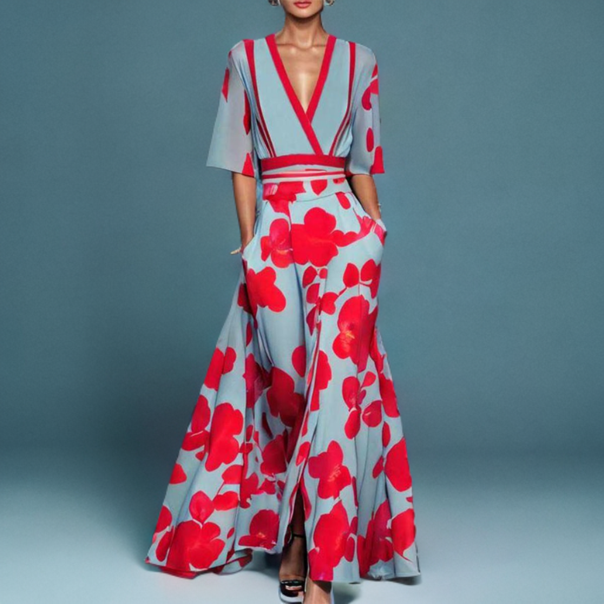 Amy | Maxi dress with floral pattern, V-neckline, and pockets