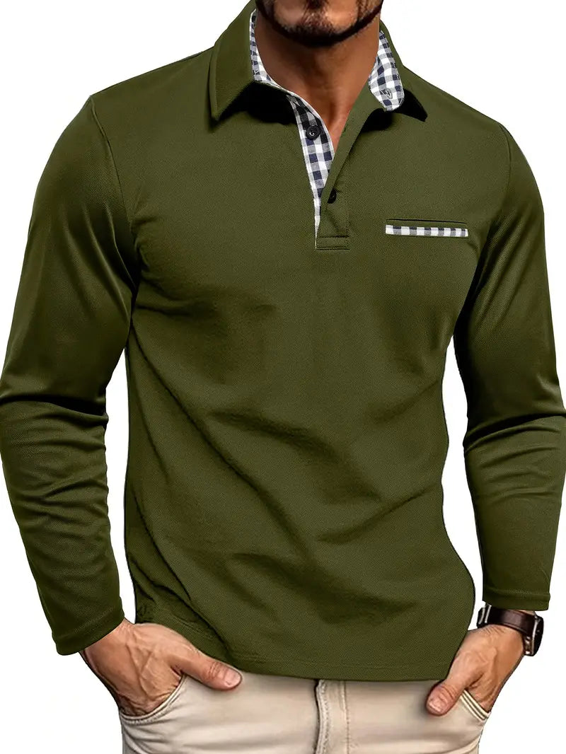 Henry – Checked-Detail Long Sleeve Polo Shirt for Men