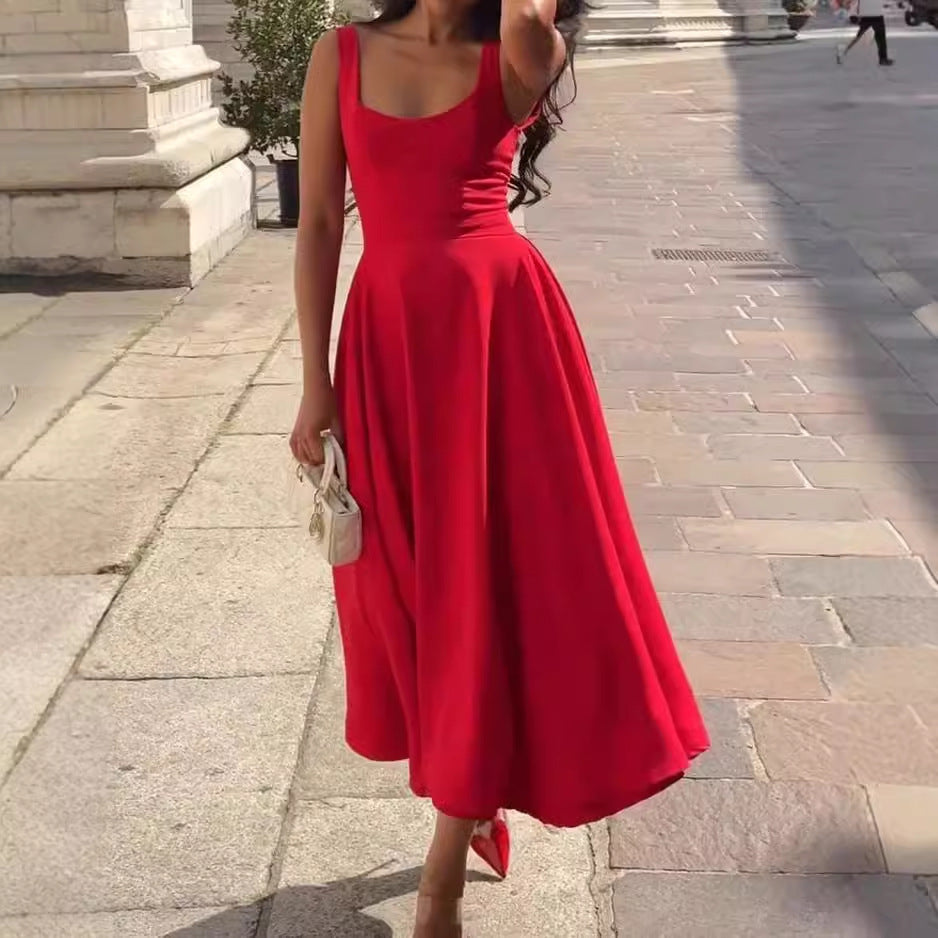 Gabriela - Czerwona sukienka midi na ramiączkach