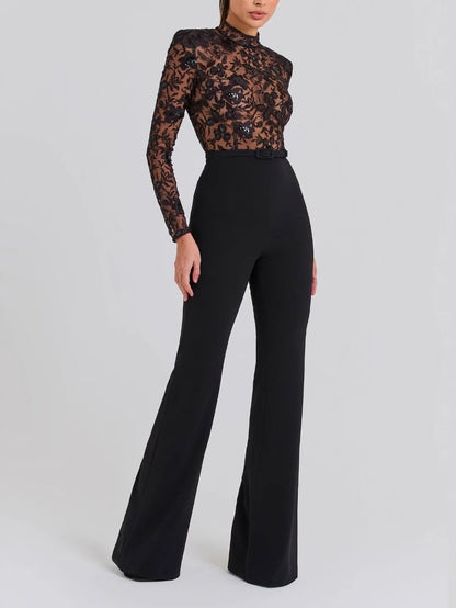 Victoria – Sheer Floral Lace Bodysuit & High-Waist Flared Trousers Set for Women