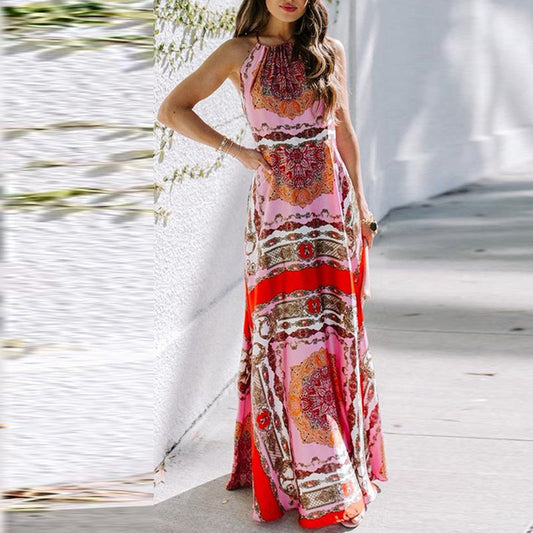 Layla - Boho sukienka maxi z nadrukiem na ramiączkach