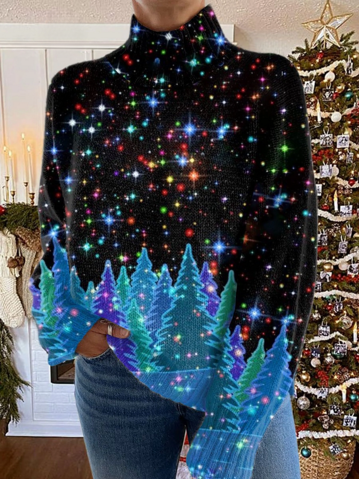 Holly – Festive Starry Forest Knit Jumper for Women