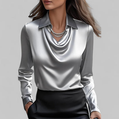 Victoria – Satin Drape-Collar Long Sleeve Blouse for Women