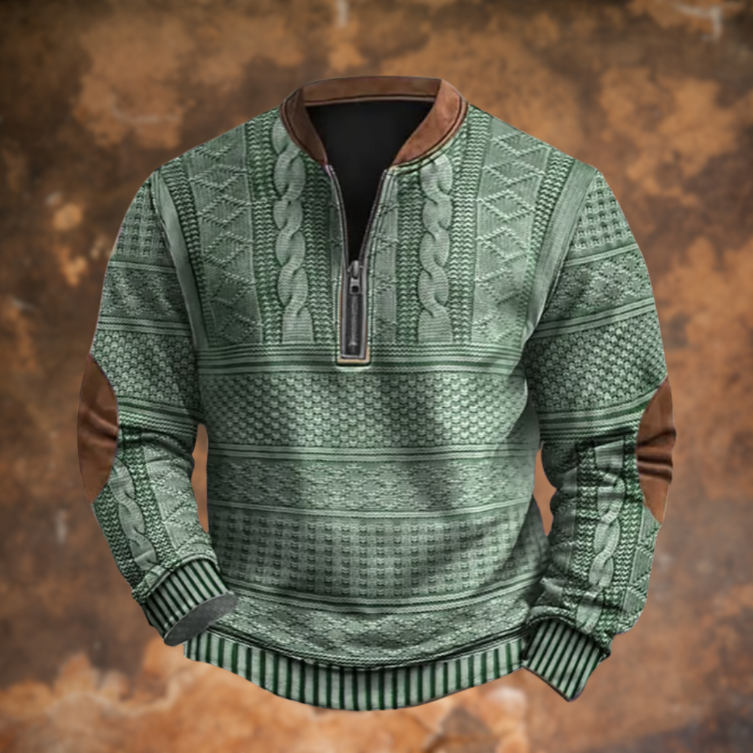 Marek – Teksturowany sweter męski z zamkiem i skórzanymi detalami