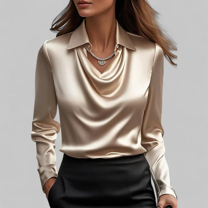 Victoria – Satin Drape-Collar Long Sleeve Blouse for Women