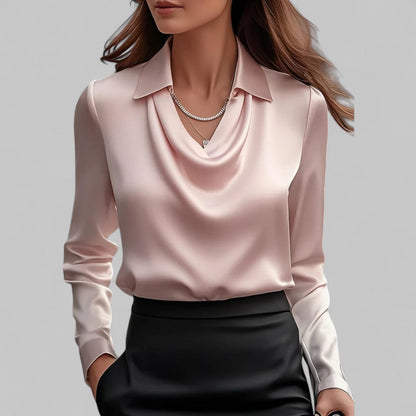 Victoria – Satin Drape-Collar Long Sleeve Blouse for Women