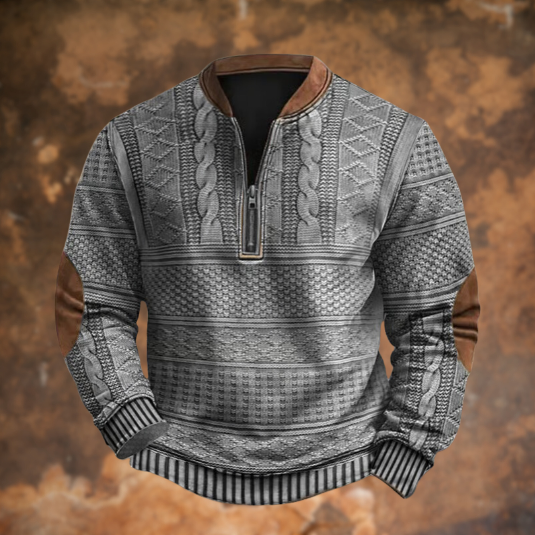Marek – Teksturowany sweter męski z zamkiem i skórzanymi detalami