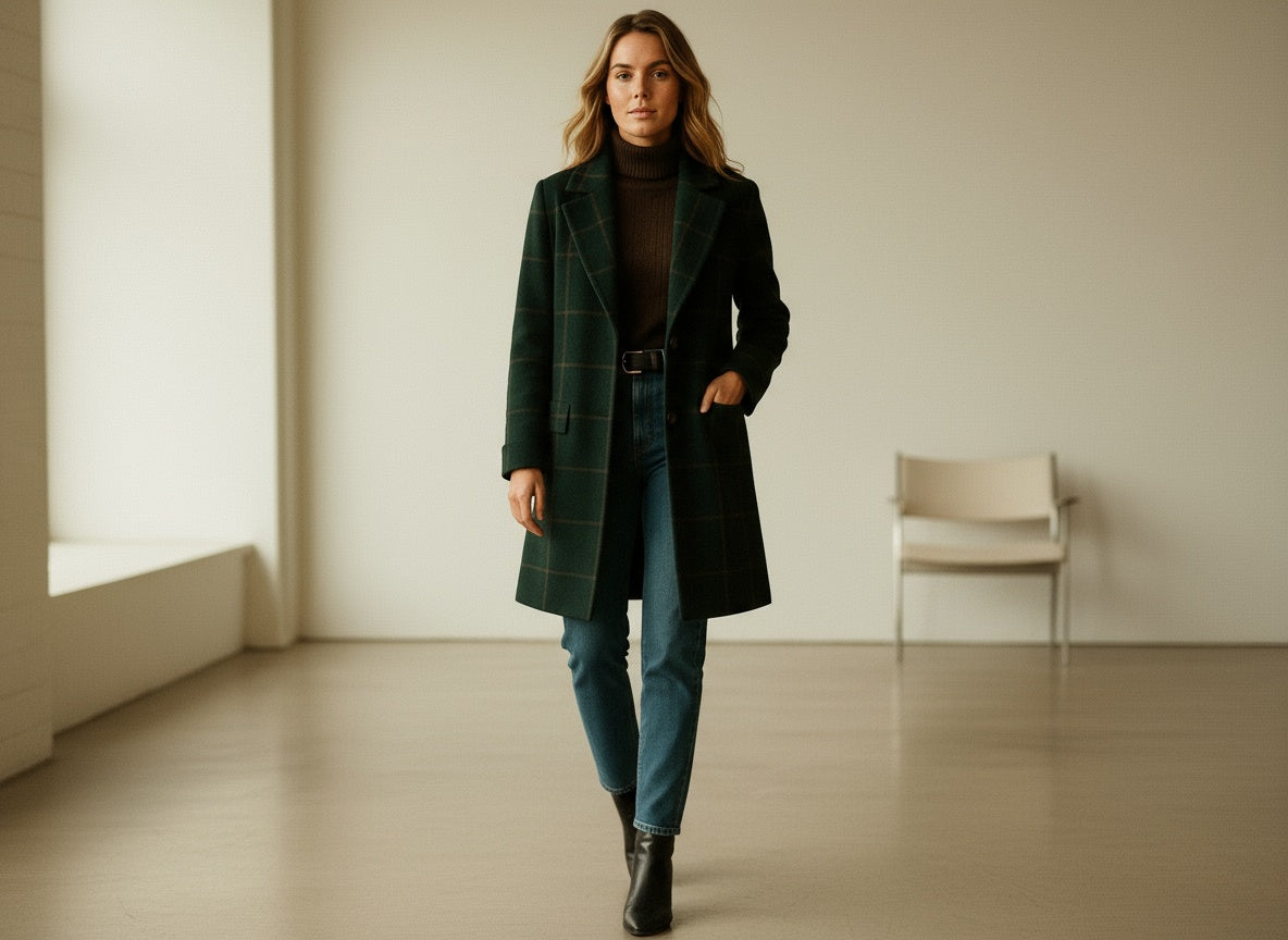 Elise – Checked Wool-Blend Longline Coat for Women