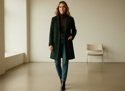 Elise – Checked Wool-Blend Longline Coat for Women