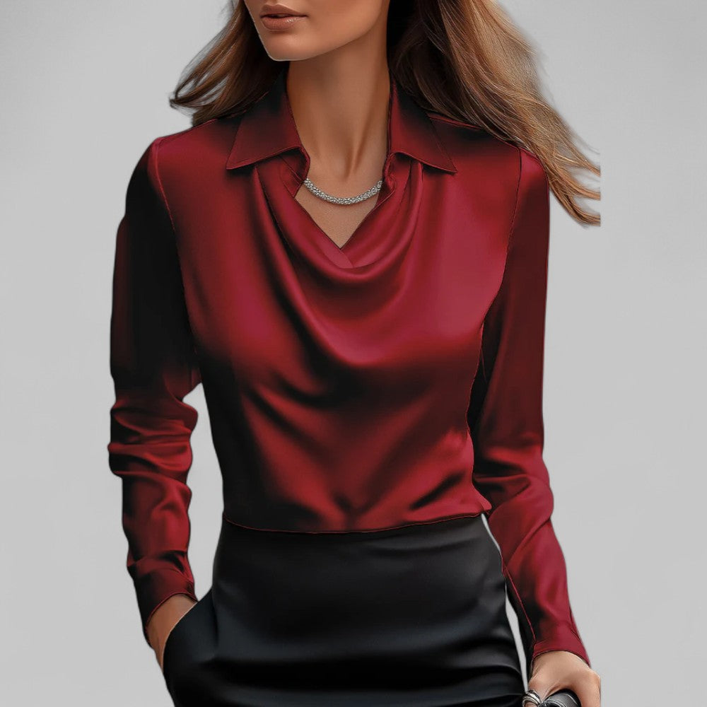 Victoria – Satin Drape-Collar Long Sleeve Blouse for Women