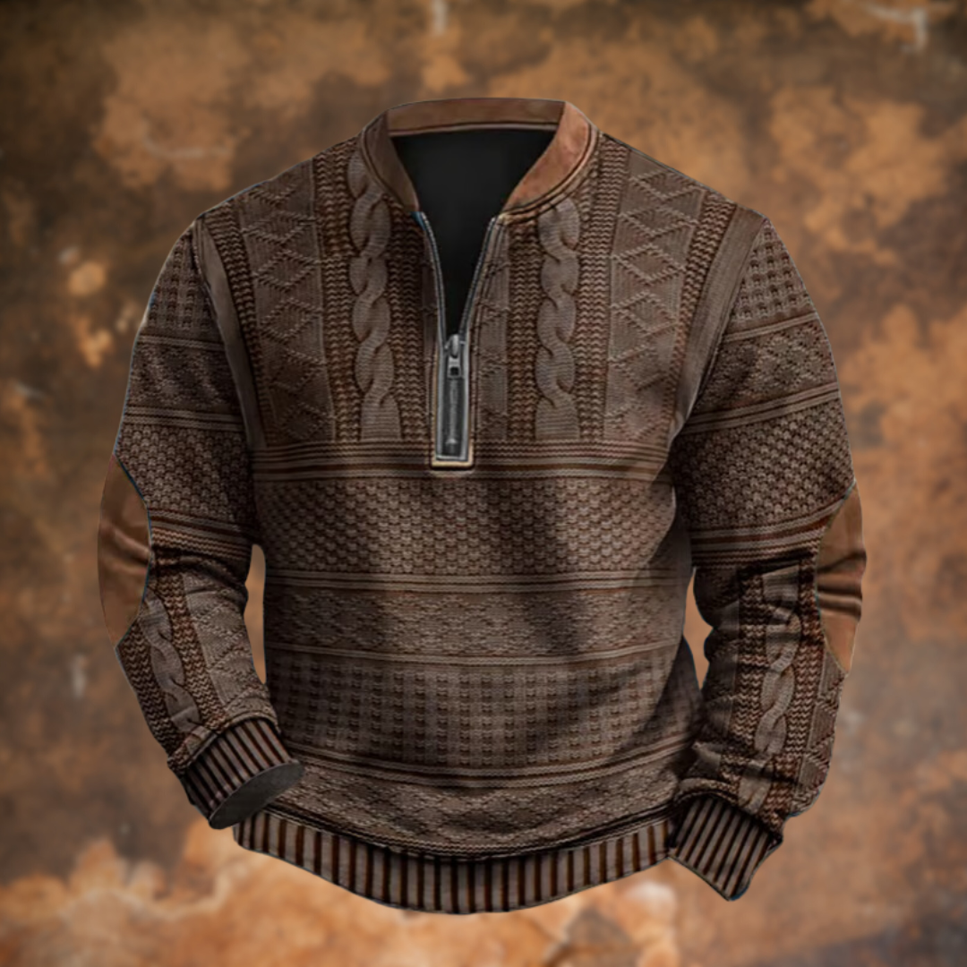 Marek – Teksturowany sweter męski z zamkiem i skórzanymi detalami
