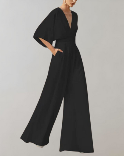 Ava – Elegant Wide-Leg Deep-V Evening Jumpsuit for Women