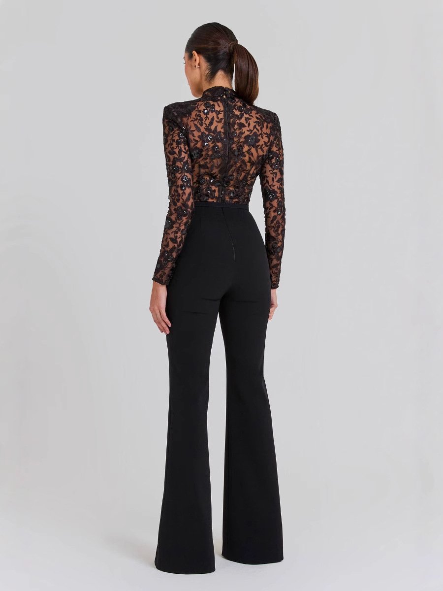 Victoria – Sheer Floral Lace Bodysuit & High-Waist Flared Trousers Set for Women