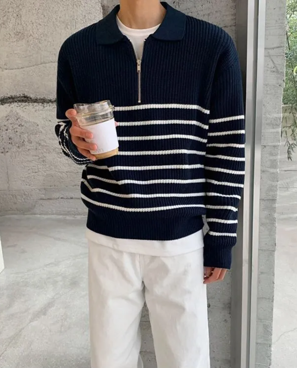 Nicolás – Sweter Męski w Paski z Zamkiem i Kołnierzem