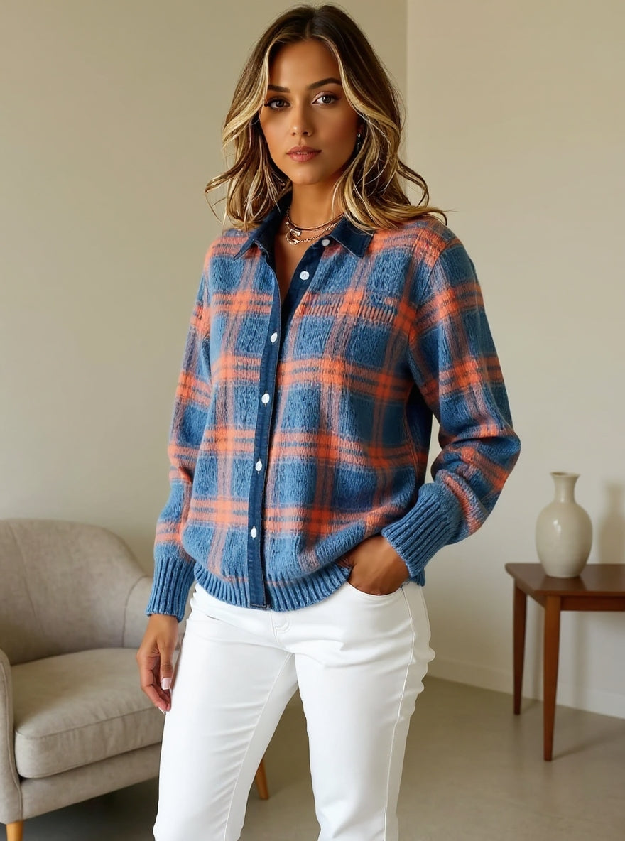 Chloe – Soft Plaid Button-Up Knit Shirt for Women