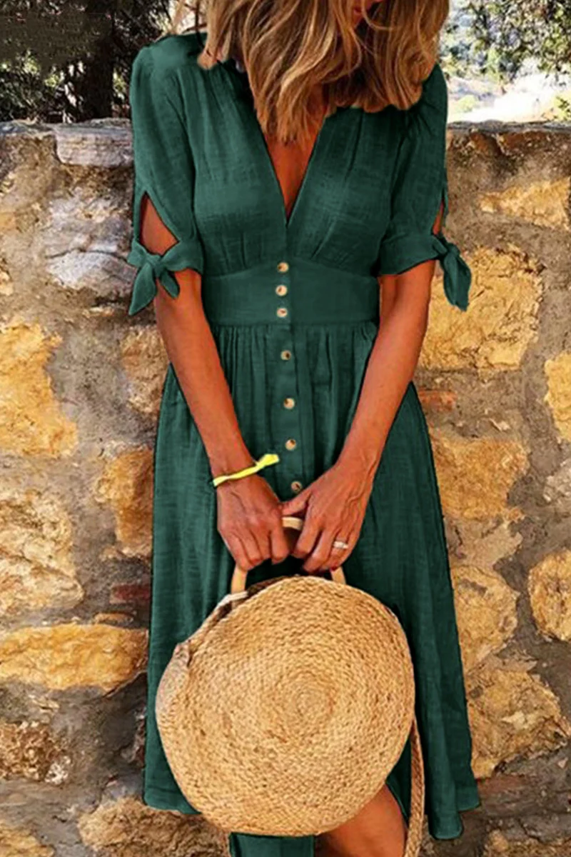 Elisa – Letnia sukienka z guzikami i wiązanymi rękawami