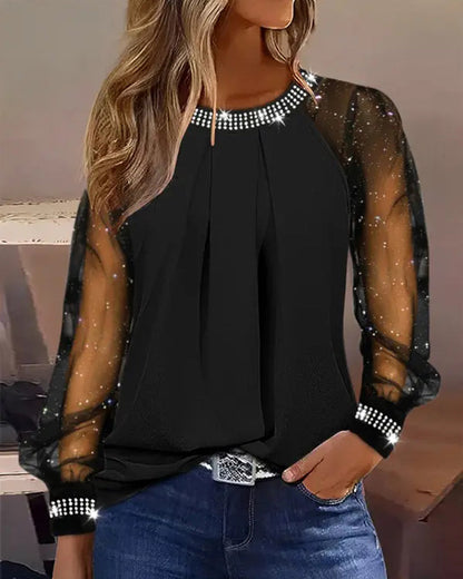 Elena – Sheer Sparkle Sleeve Embellished Blouse for Women