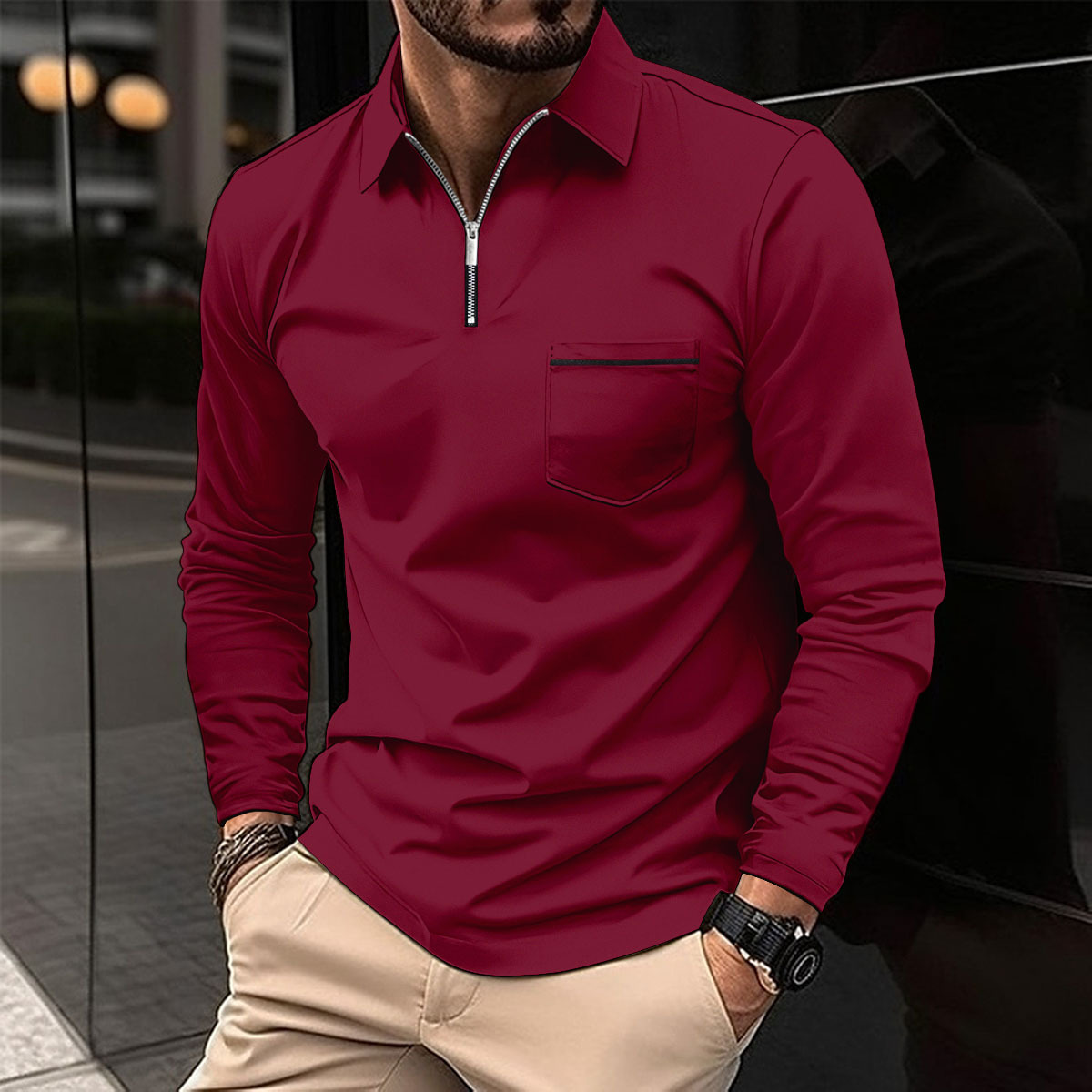 Patryk – Elegancka Koszulka z Długim Rękawem i Zamkiem Męska