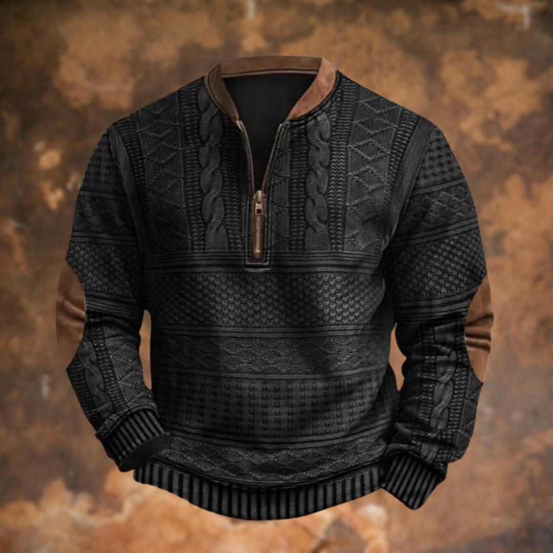 Marek – Teksturowany sweter męski z zamkiem i skórzanymi detalami