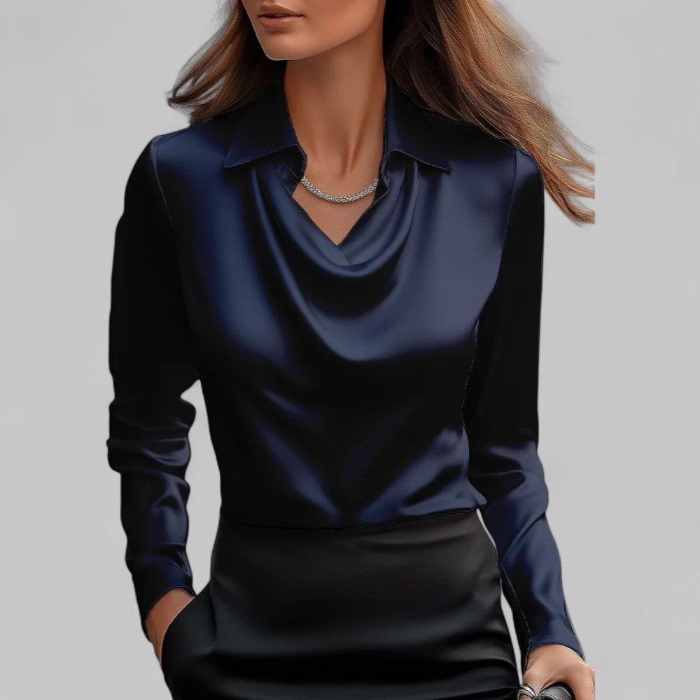 Victoria – Satin Drape-Collar Long Sleeve Blouse for Women