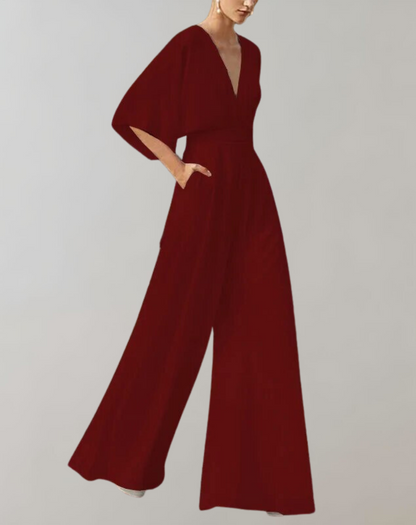 Ava – Elegant Wide-Leg Deep-V Evening Jumpsuit for Women