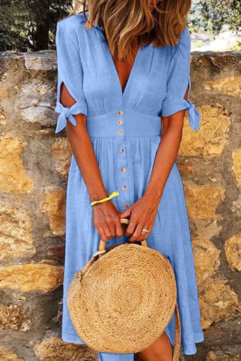 Elisa – Letnia sukienka z guzikami i wiązanymi rękawami