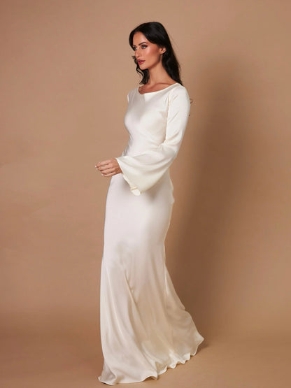 Natalia – Satynowa Suknia Maxi z Długim Rękawem