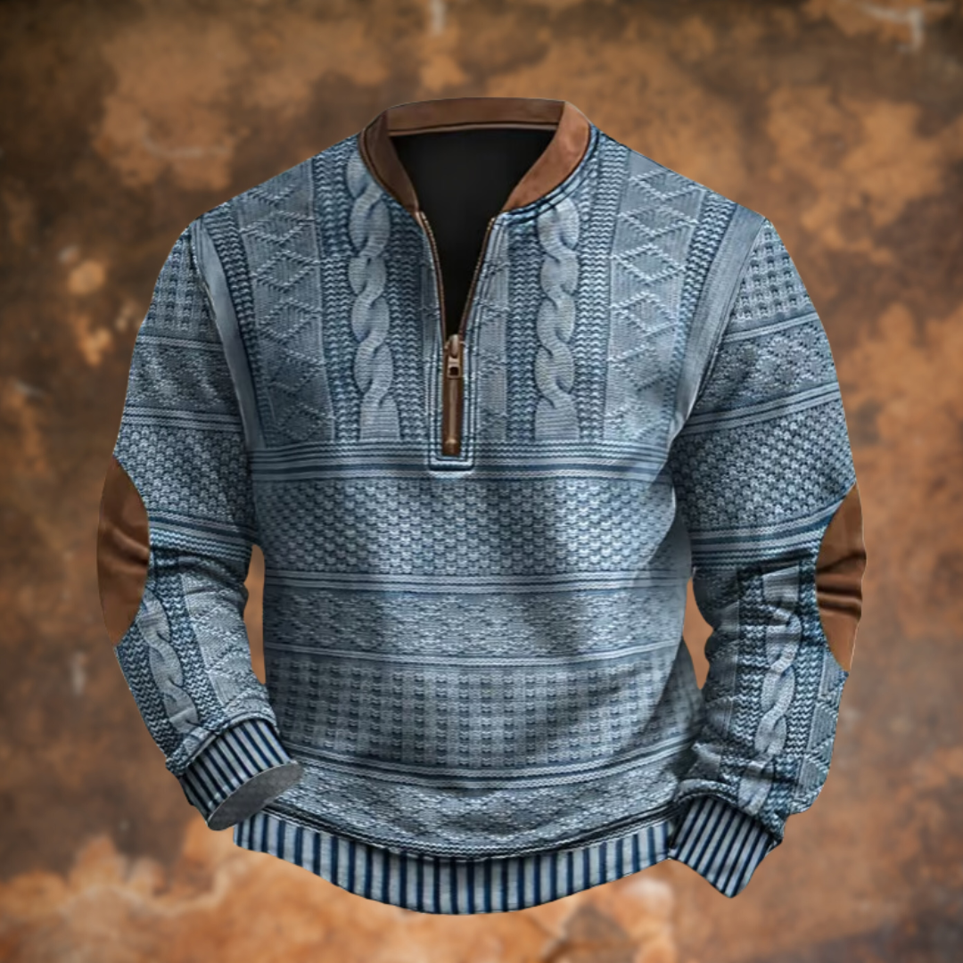 Marek – Teksturowany sweter męski z zamkiem i skórzanymi detalami