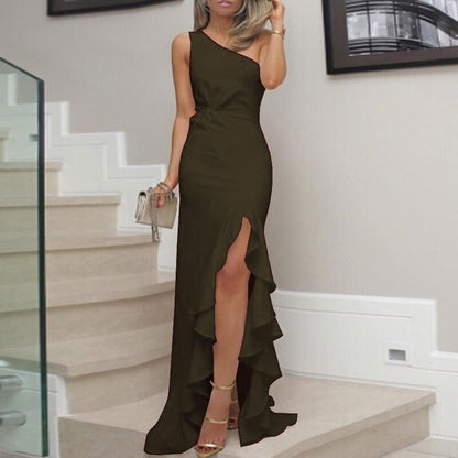 Vanessa – Asymetryczna sukienka maxi z falbaną