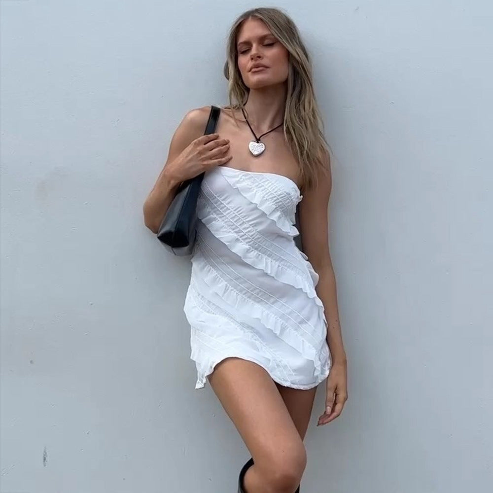 Aleah - Sukienka mini bez ramiączek z falbanami