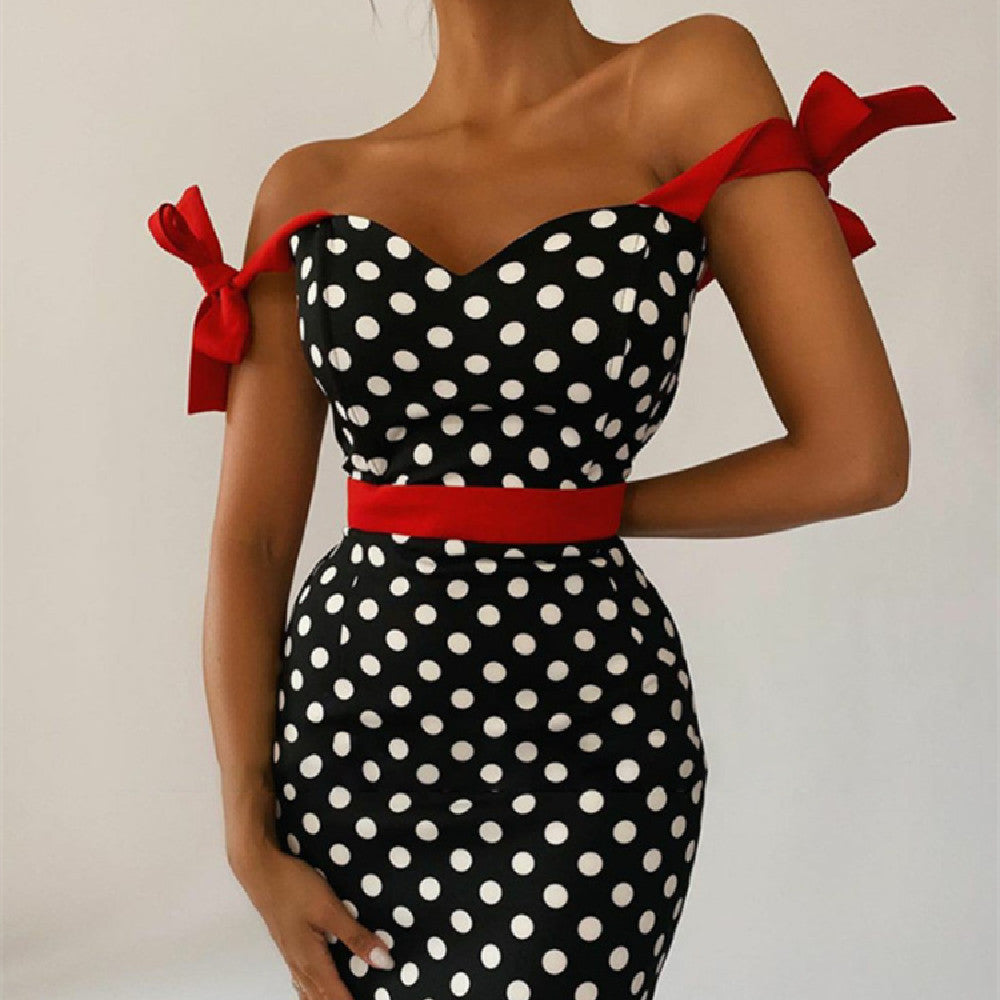 Carmen - Sukienka midi z kokardą w kropki