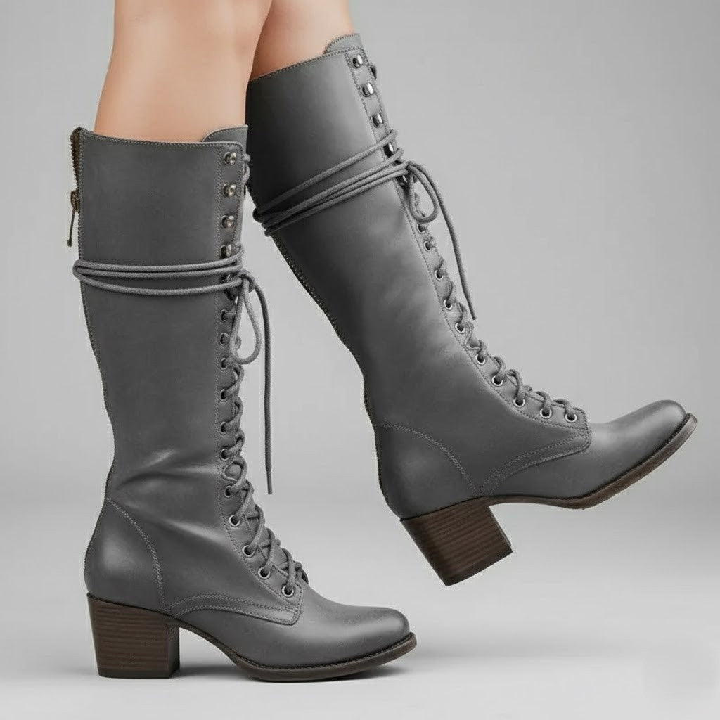 Valeria – Lace-Up Mid-Calf Heeled Boots Womens