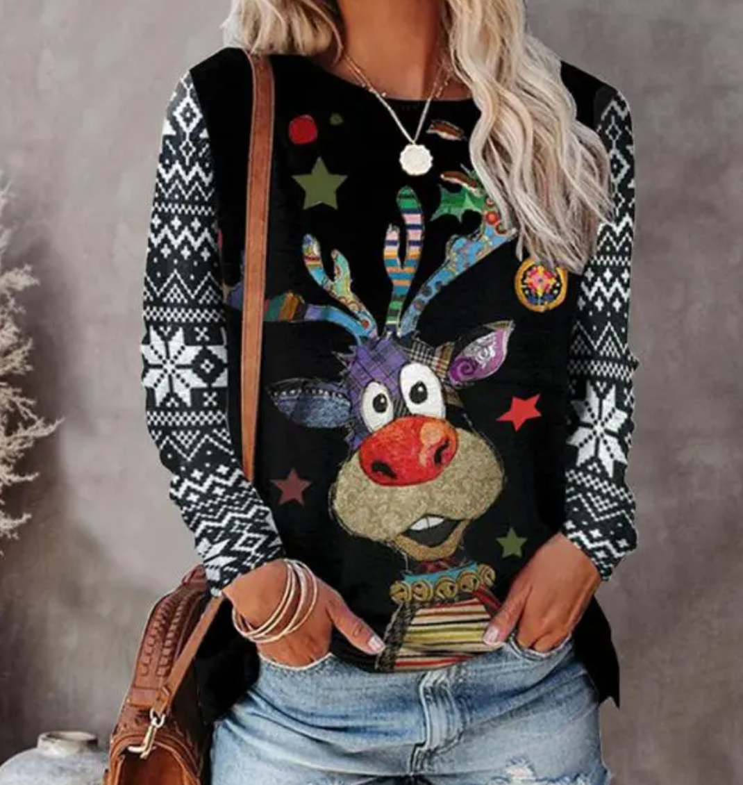 Mira – Festive Graphic Long Sleeve Knit feel Sweater Women