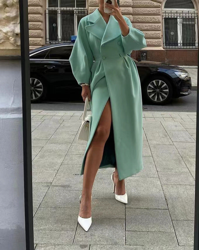Adele - Płaszcz damski elegancki z szerokim kołnierzem i paskiem