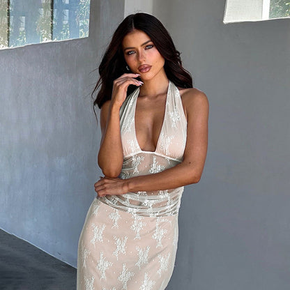 Serena - Koronkowa sukienka maxi z prześwitem