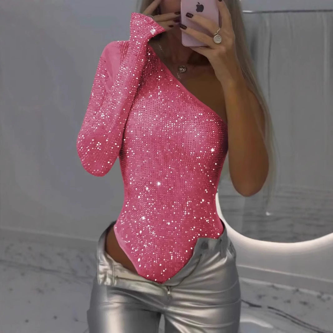 Monika – Asymmetric Sparkle One-Shoulder Bodysuit for Women