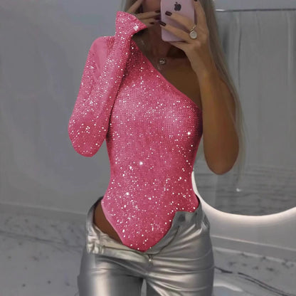 Monika – Asymmetric Sparkle One-Shoulder Bodysuit for Women