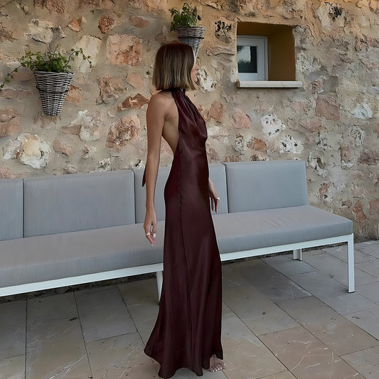 Liwia - Satynowa sukienka maxi z odkrytymi plecami
