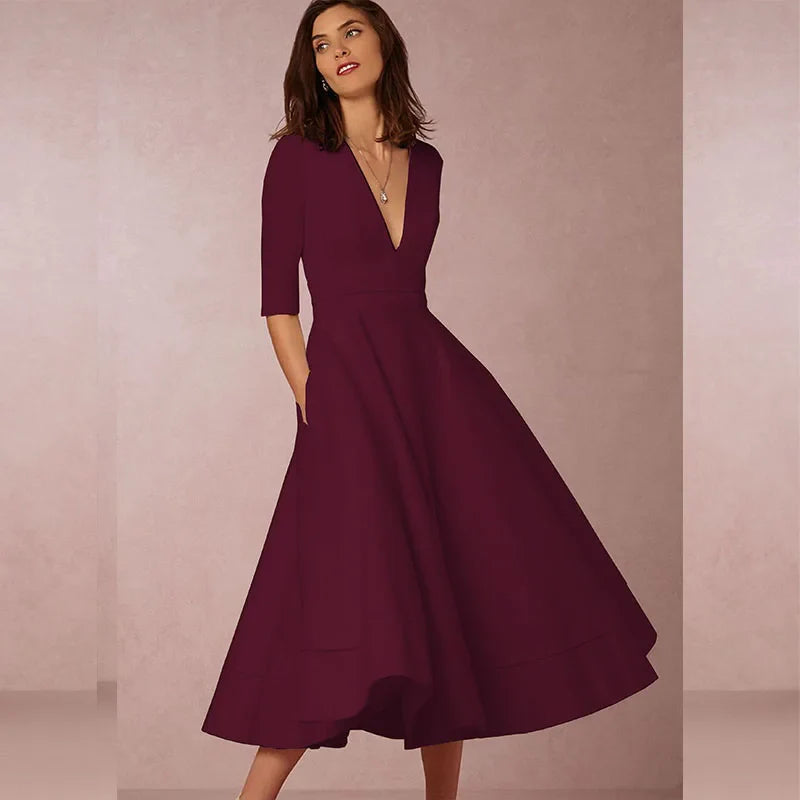 Elena – Elegant V-Neck Midaxi Dress for Women