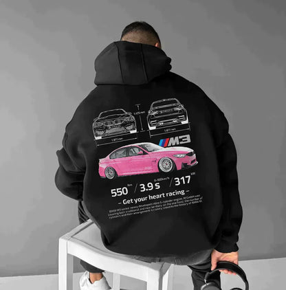 Krzysztof – Męska bluza z kapturem oversize z nadrukiem motoryzacyjnym