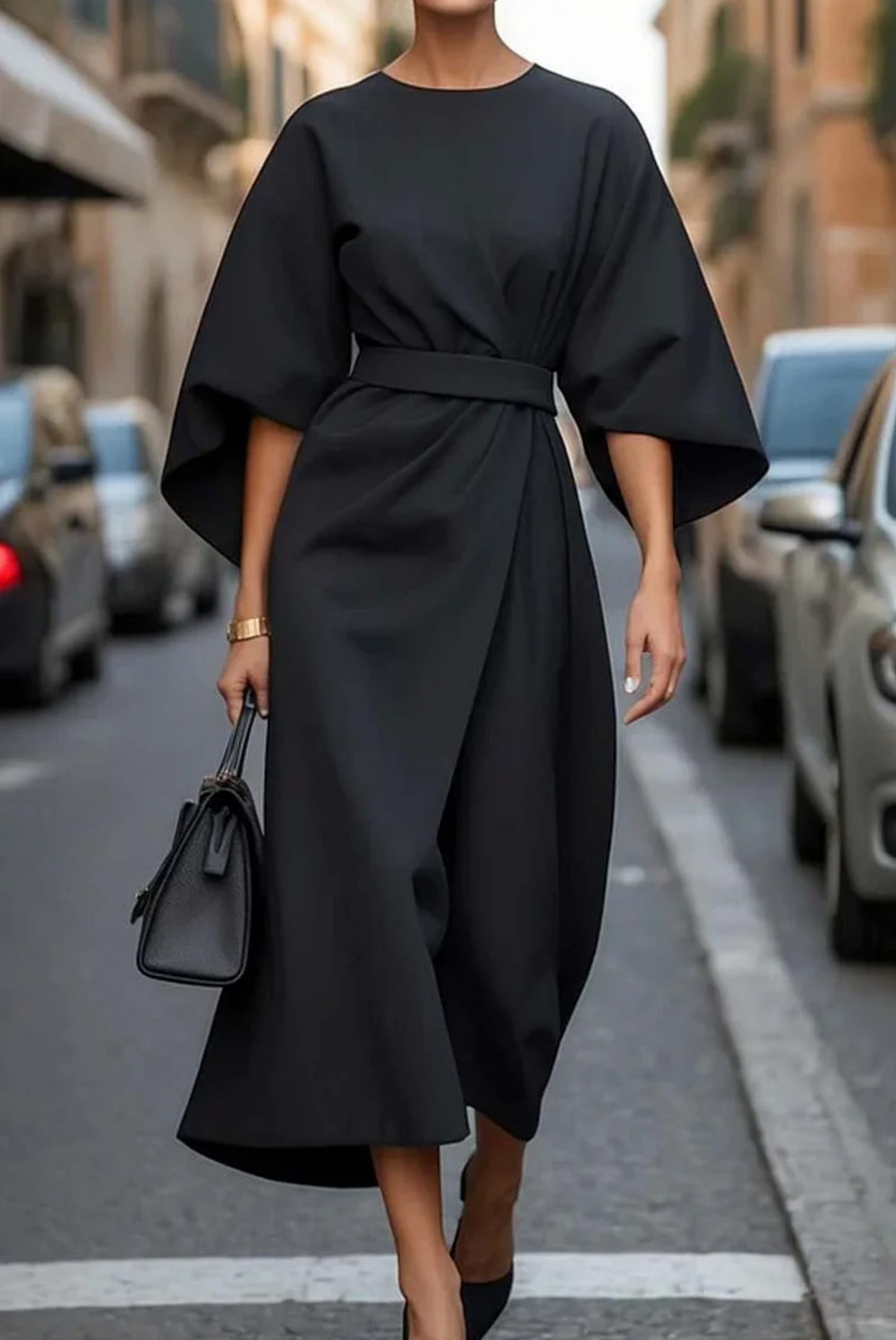 Clara – Elegant Belted Wide-Sleeve Midi Dress for Women