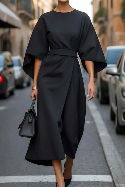 Clara – Elegant Belted Wide-Sleeve Midi Dress for Women