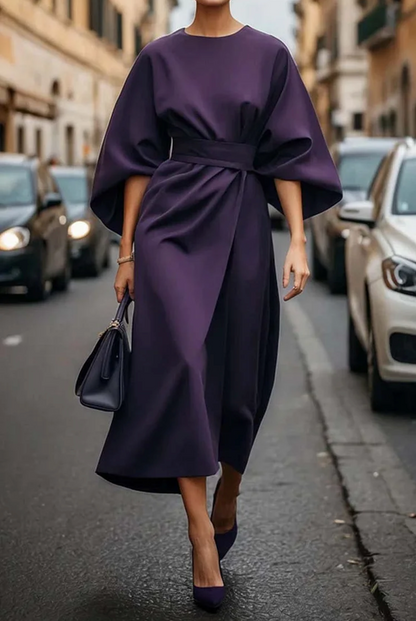 Clara – Elegant Belted Wide-Sleeve Midi Dress for Women