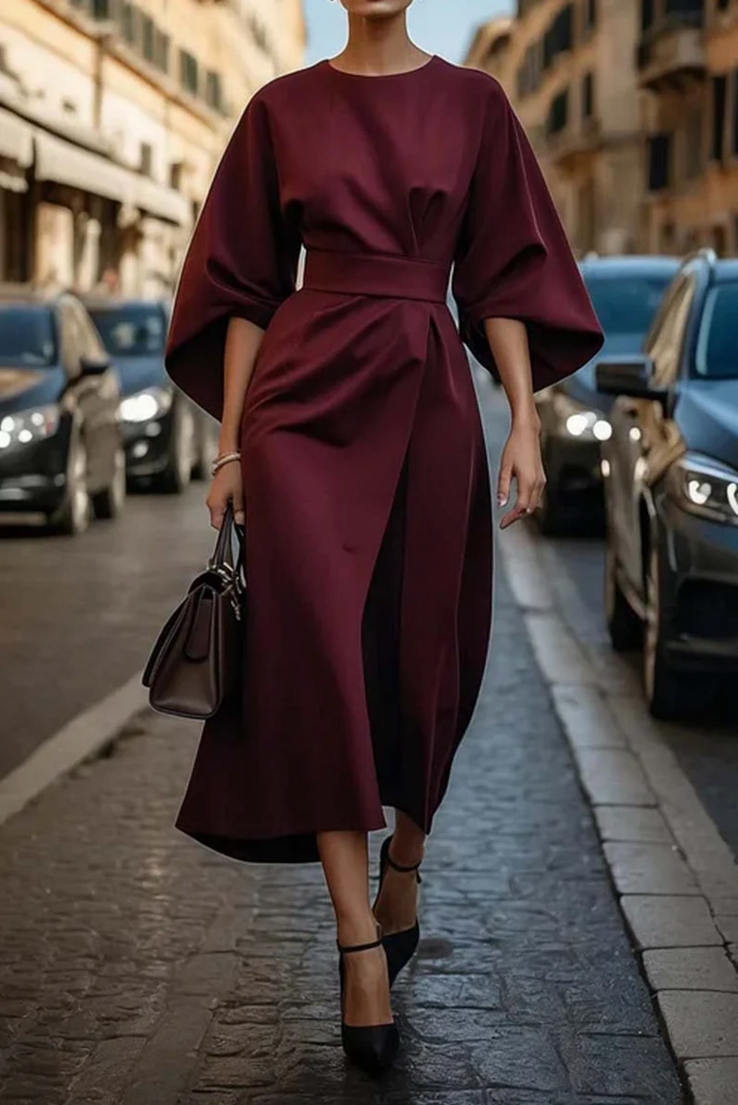 Clara – Elegant Belted Wide-Sleeve Midi Dress for Women
