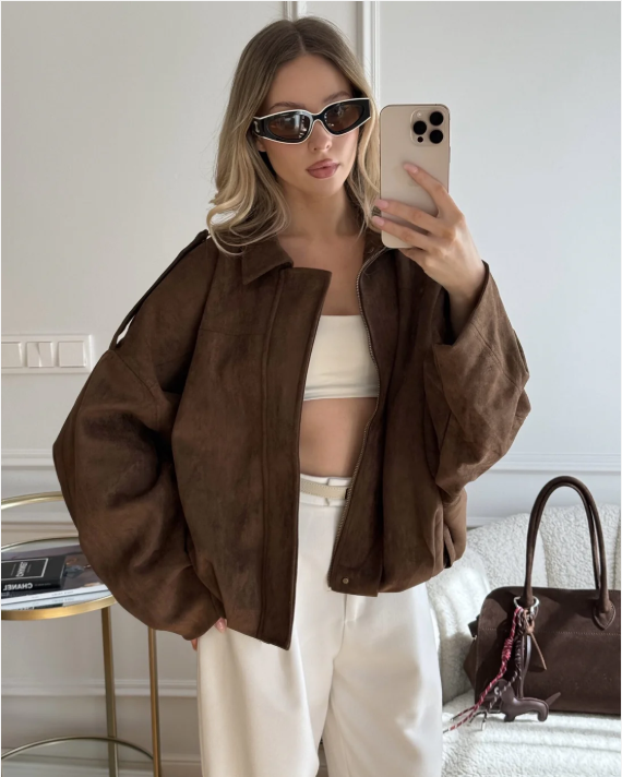 Olga – Oversize Kurtka Damska z Imitacji Zamszu