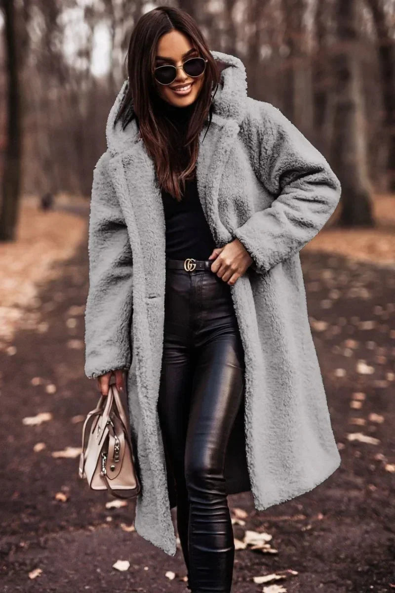 Różowylinda | Damen Langer Wollmantel mit Kapuze für den Winter